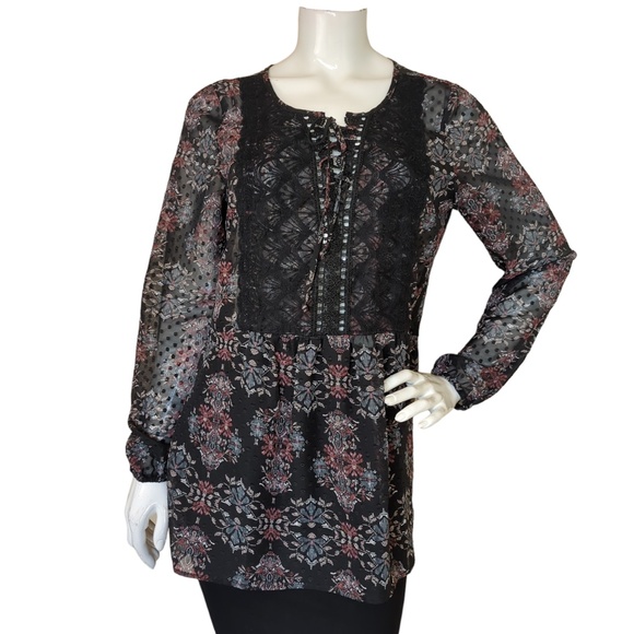 Black Floral Lace up Boho Tunic Top with lace up front - Picture 7 of 14